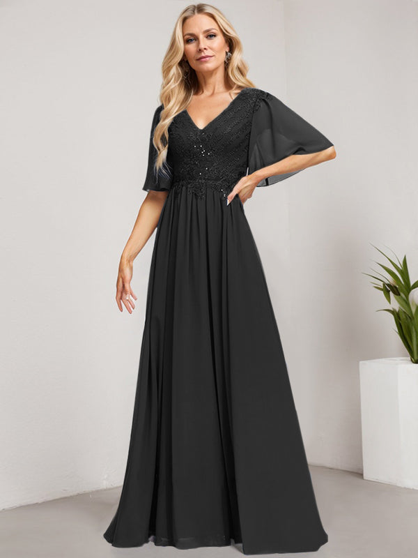 Robe mère de la mariée ligne A col en V longue en dentelle et chiffon avec sequins