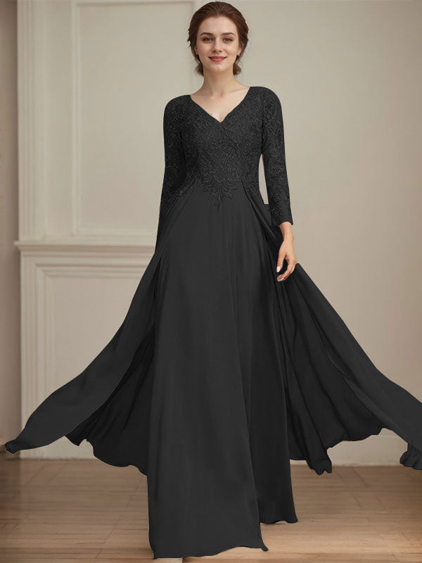A-Linien V-Ausschnitt Bodenlanges Spitzen-Chiffon Kleid für die Brautmutter mit Pailletten