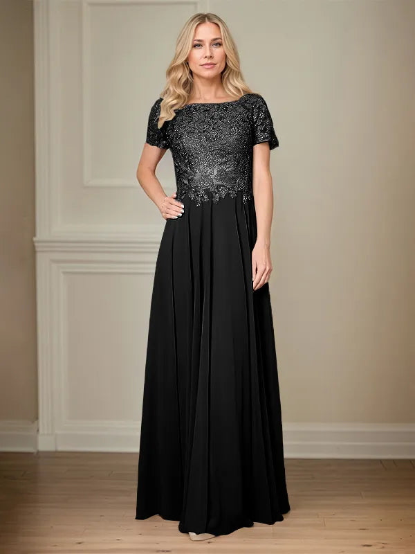 A Line Chiffon Boat Neck Short Sleeves Floor Length Pleated Mother of the Bride Dresses