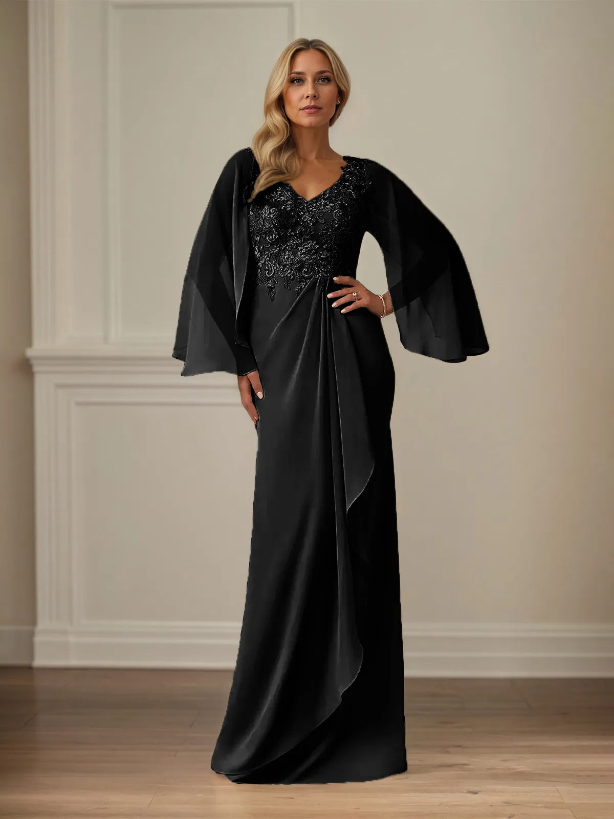 Etui/Kolumnen Chiffon V-Ausschnitt Langarm Bodenlanges Brautmutterkleid mit Applikationen