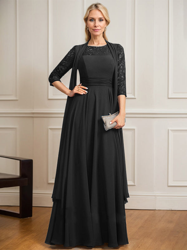 A-Linien Kleid mit Rundhalsausschnitt, Illusion, bodenlang aus Spitze und Chiffon, Mutter-der-Braut-Kleid mit Faltenwurf