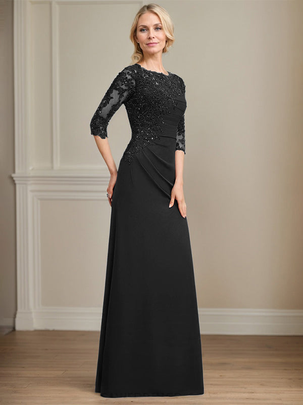 A-Linie Rundhals bodenlanges Chiffon Spitzen Brautmutterkleid mit Perlen Falten Pailletten