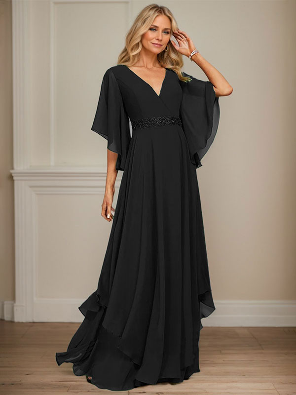 A-Linien V-Ausschnitt bodenlanges Chiffon-Mutter-der-Braut-Kleid mit Pailletten-Applikationen, Spitze und Perlen