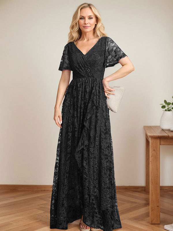 A-Linien Spitzen-Mutter-der-Braut-Kleid mit V-Ausschnitt, asymmetrisch und mit kaskadierenden Rüschen