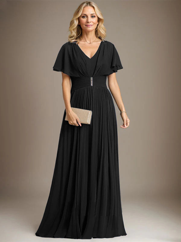 A-Linien V-Ausschnitt Bodenlanges Chiffon Brautmutterkleid mit Kristallbrosche und Plisseefalten