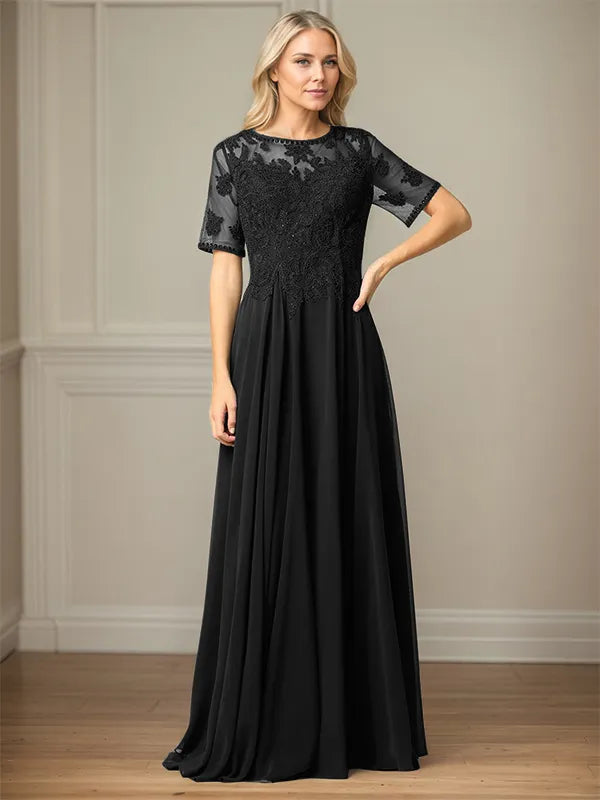 A Line Chiffon Scoop Neck Short Sleeves Floor Length Mother of the Bride Dresses