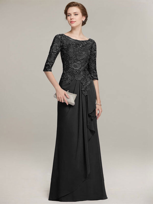 A-Linien Rundhalsausschnitt Illusions bodenlanges Spitzen-Chiffon Mutter der Braut Kleid mit kaskadierenden Rüschen