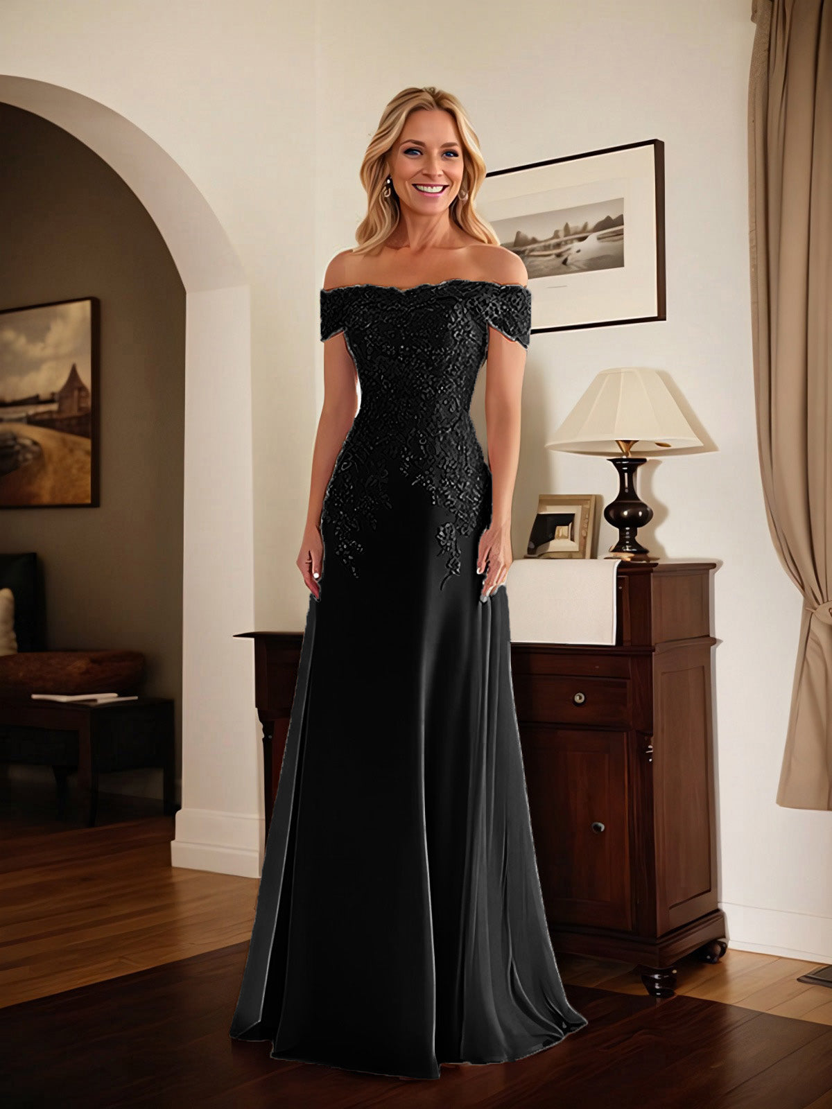 Elegantes taupefarbenes schulterfreies Etuikleid Mutter der Braut Kleid mit Spitze