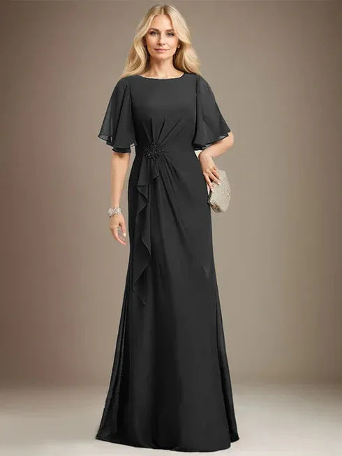A-Linien Rundhals bodenlanges Chiffon Mutter der Braut Kleid mit kaskadierenden Rüschen Perlen Pailletten