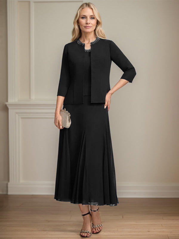 Separates A-Linien Chiffonkleid mit Rundhalsausschnitt, tea-length, Mutter der Braut mit Pailletten und Perlen