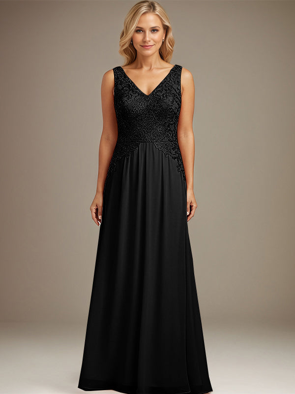 Bordeauxrotes A-Linien-Kleid mit V-Ausschnitt, bodenlang, aus Spitze und Chiffon, Mutter der Braut Kleid
