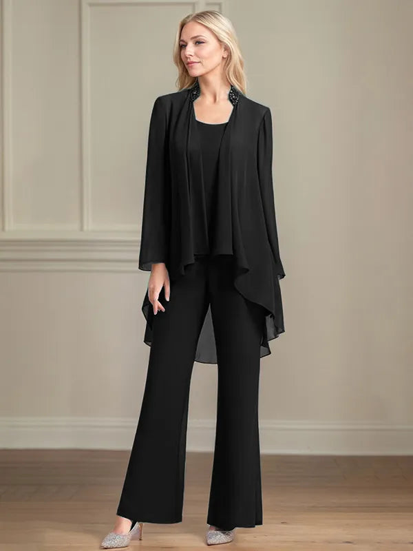 Chiffon Kleid mit Rundhalsausschnitt, langen Ärmeln, bodenlang, Hosenanzug für die Brautmutter