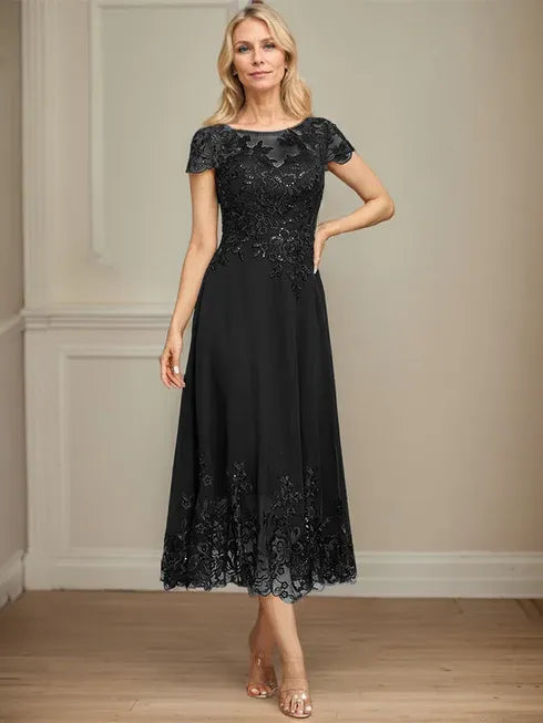 A-Linien Illusions Rundhals tea-langes Spitzenchiffon Mutter der Braut Kleid mit Pailletten