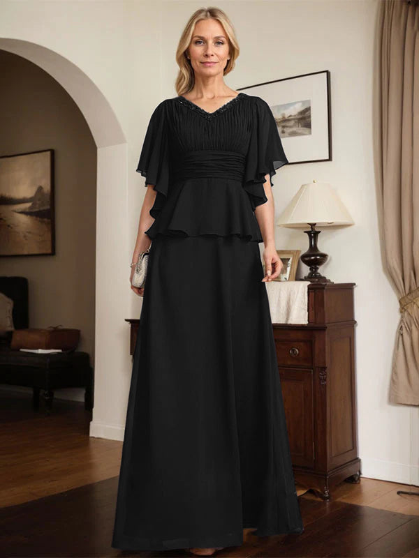 A-Linien Chiffon-Mutter-der-Braut-Kleid mit V-Ausschnitt, bodenlang, plissierte Perlenverzierung