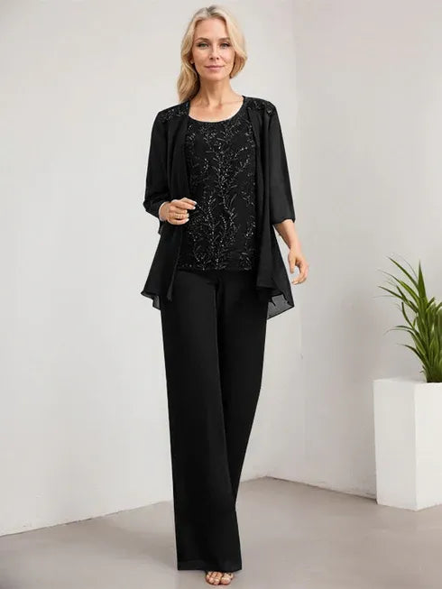 Zweiteiler Jumpsuit/Hosenanzug U-Ausschnitt bodenlanges Spitzen Chiffon Mutter der Braut Kleid mit Pailletten