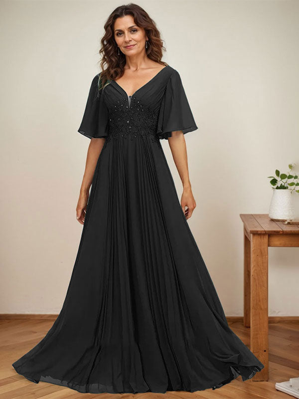 A-Linien V-Ausschnitt bodenlanges Chiffon Mutterkleid der Braut mit Pailletten-Applikationen, Spitze und Falten