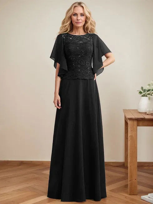 A-Linien Rundhals Illusions-Bodenlanges Spitzen-Chiffon Mutter-der-Braut-Kleid mit Pailletten