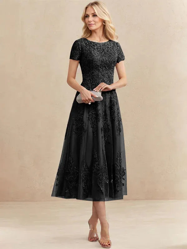 Robe de mère de la mariée A-line en tulle et dentelle, col arrondi, longueur thé