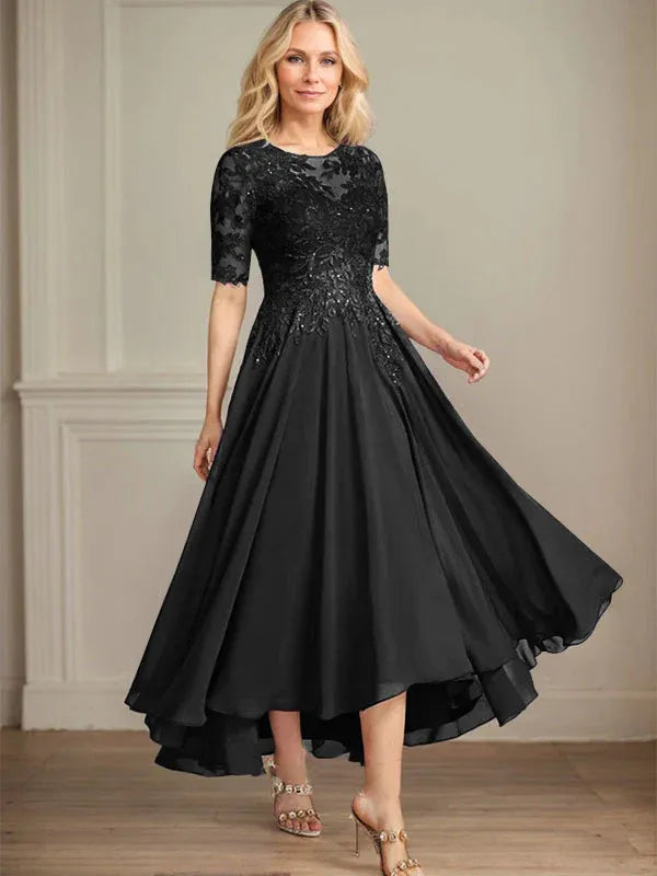 A-Linien Scoop-Ausschnitt Illusion asymmetrisches Chiffon-Spitzen-Mutter-der-Braut-Kleid mit Pailletten