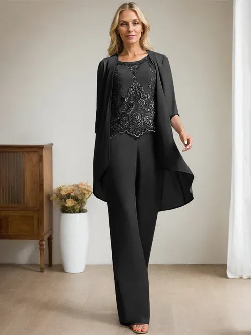 Zweiteiler Jumpsuit/Hosenanzug mit Rundhalsausschnitt, bodenlanges Chiffon-Spitzenkleid für die Mutter der Braut mit Perlen und Pailletten
