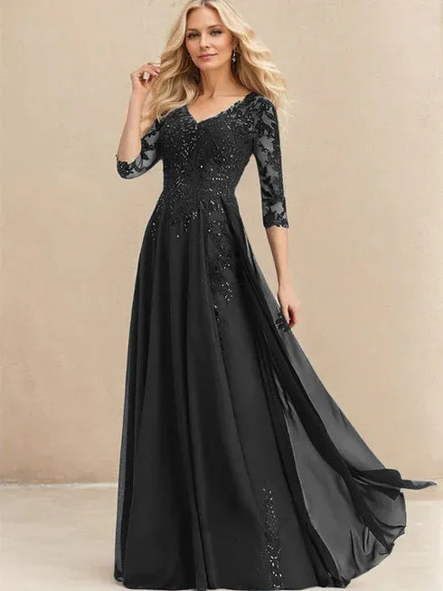 A-Linien V-Ausschnitt Bodenlanges Spitzen-Chiffon Kleid für die Brautmutter mit Pailletten