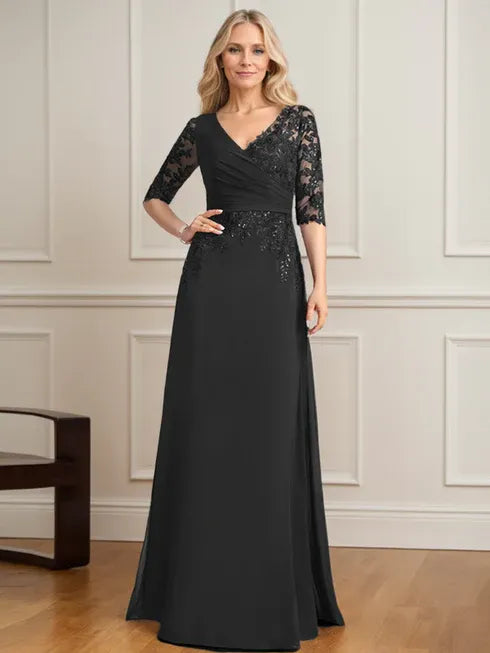 A-Linien V-Ausschnitt bodenlanges Spitzen-Chiffon Kleid der Brautmutter mit plissierten Pailletten