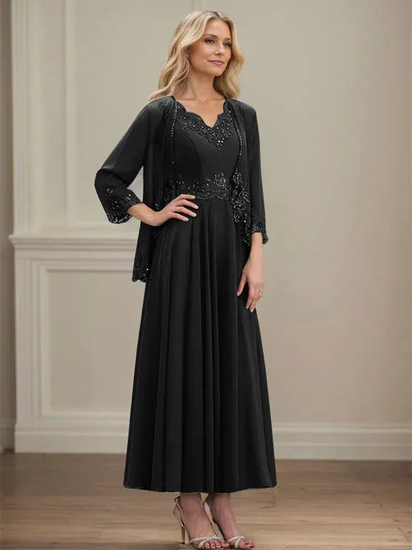 A-Linien Kleid mit V-Ausschnitt, knöchellang, aus Chiffon, Mutter der Braut Kleid mit Pailletten, Applikationen, Spitze und Perlenbesatz