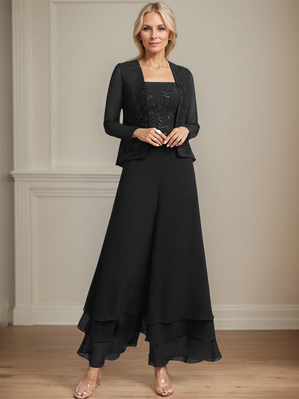 Zweiteiler Jumpsuit/Hosenanzug quadratisch knöchellang Spitze Chiffon Brautmutterkleid mit Pailletten