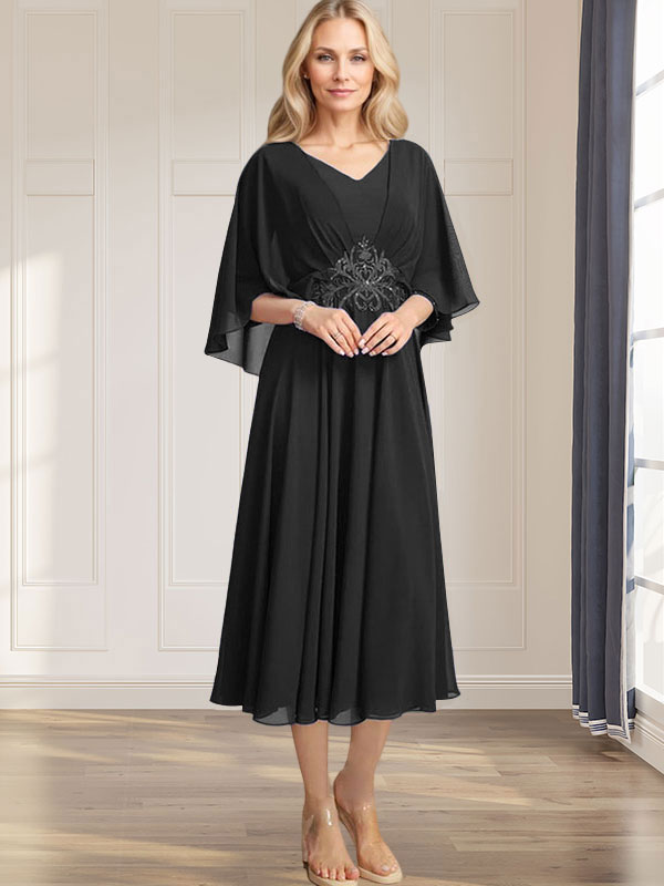 Robe de mère de la mariée en mousseline, longueur thé, col en V, en ligne A, avec appliques plissées, sequins, dentelle et perles