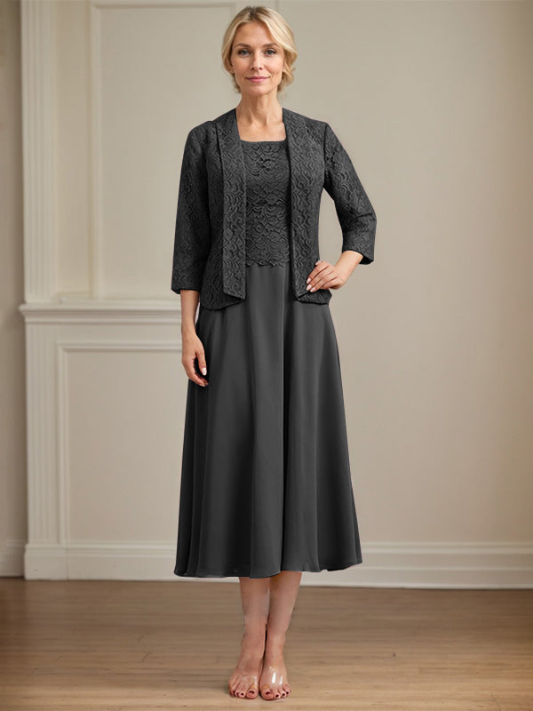 A-Linien Kleid mit Rundhalsausschnitt, tea-länge, Spitze und Chiffon, Mutter der Braut Kleid