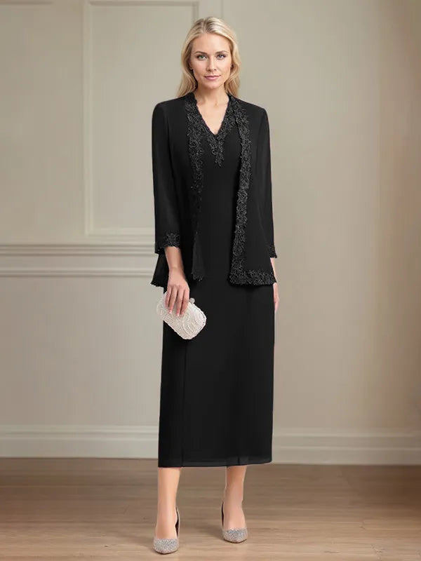 Etui/Column Chiffon V-Ausschnitt 3/4 Ärmel Tea-Length Kleid für die Mutter der Braut