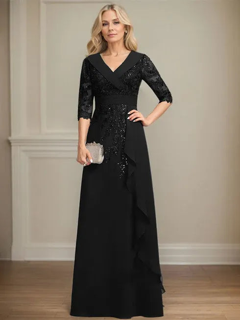 A-Linien Kleid mit Kragen, V-Ausschnitt, bodenlang, aus Spitze und Chiffon, Mutter der Braut Kleid mit Pailletten und fallenden Rüschen