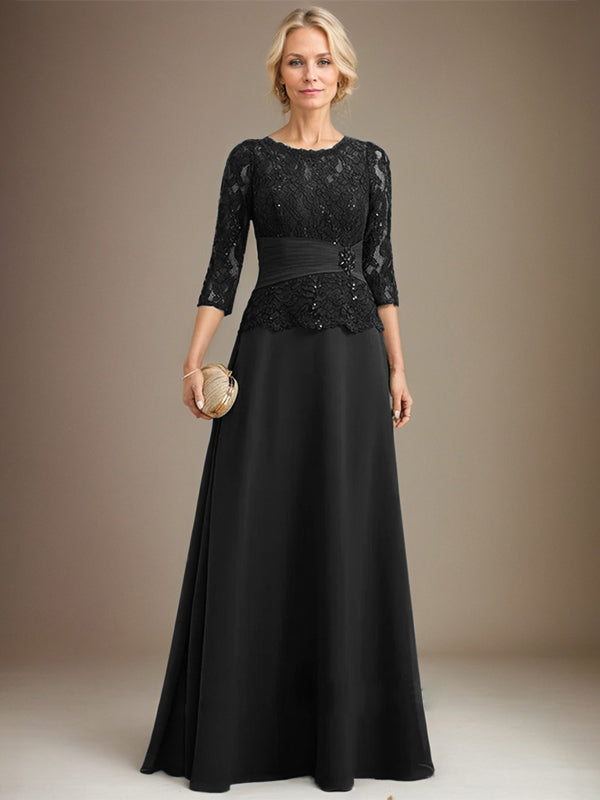 A-Linien Kleid mit Scoop-Ausschnitt, Illusion, bodenlangem Chiffon und Spitze, Mutter-der-Braut-Kleid mit plissierten Pailletten und Perlenbesatz