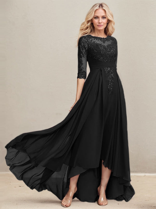 A-Linien Ausschnitt Illusions Asymmetrisches Spitzen-Chiffon Kleid für die Mutter der Braut mit plissierten Pailletten