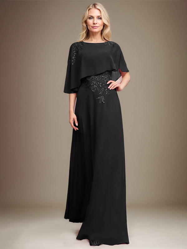 A-Linie Rundhals Bodenlanges Chiffon-Spitzenkleid für die Brautmutter mit Pailletten und Perlen