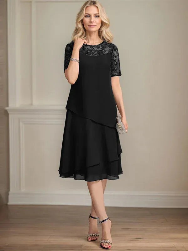 A-Linien Rundhals Illusions-Knie-Länge Spitzen-Chiffon Kleid für die Brautmutter mit Pailletten