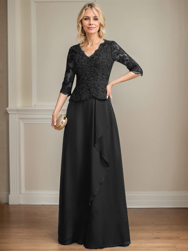 Robe mère de la mariée en dentelle et chiffon, coupe évasée, encolure en V, longue au sol avec volants en cascade et sequins