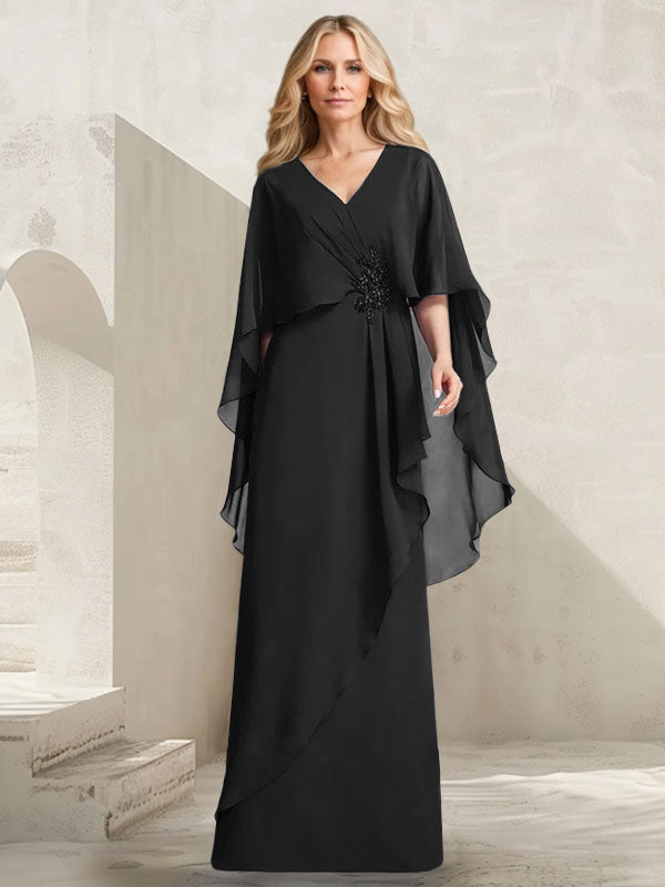 Robe mère de la mariée longue en chiffon coupe trapèze à col en V avec volants en cascade et perles