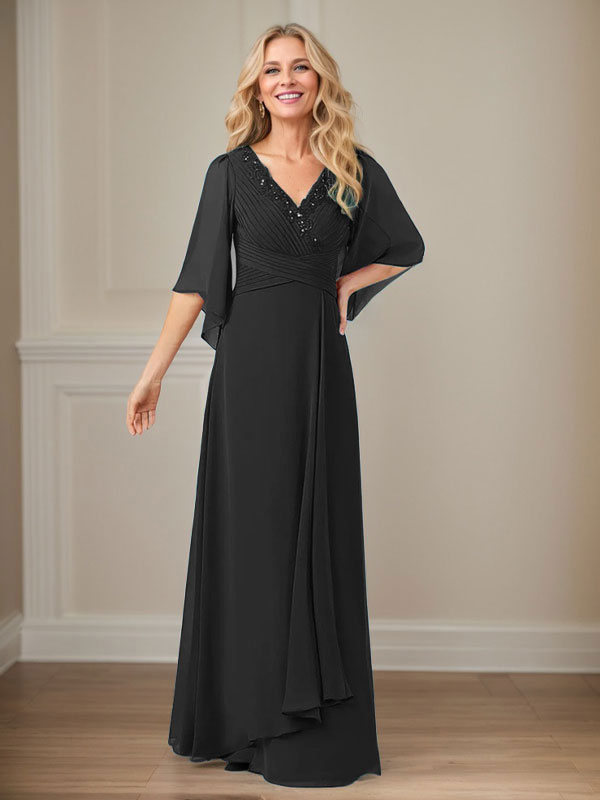 A-Linien V-Ausschnitt langes Pailletten-Chiffon Mutterkleid