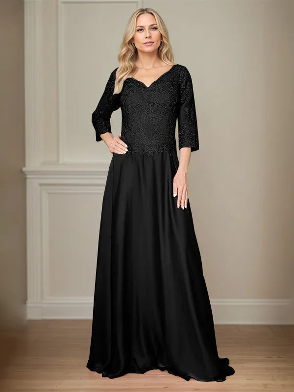 A Line Chiffon V Neck 3/4 Sleeves Floor-Length Mother Of The Bride Dress With Appliques
