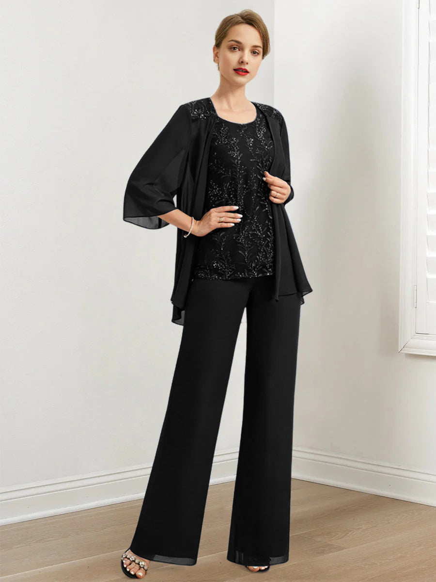 Chiffon Hosenanzüge für die Brautmutter mit Pailletten und Jacke