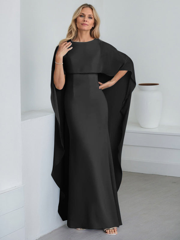 Etui-Kleid mit Rundhalsausschnitt, bodenlang, Chiffon, Mutter-der-Braut-Kleid mit kaskadierenden Rüschen