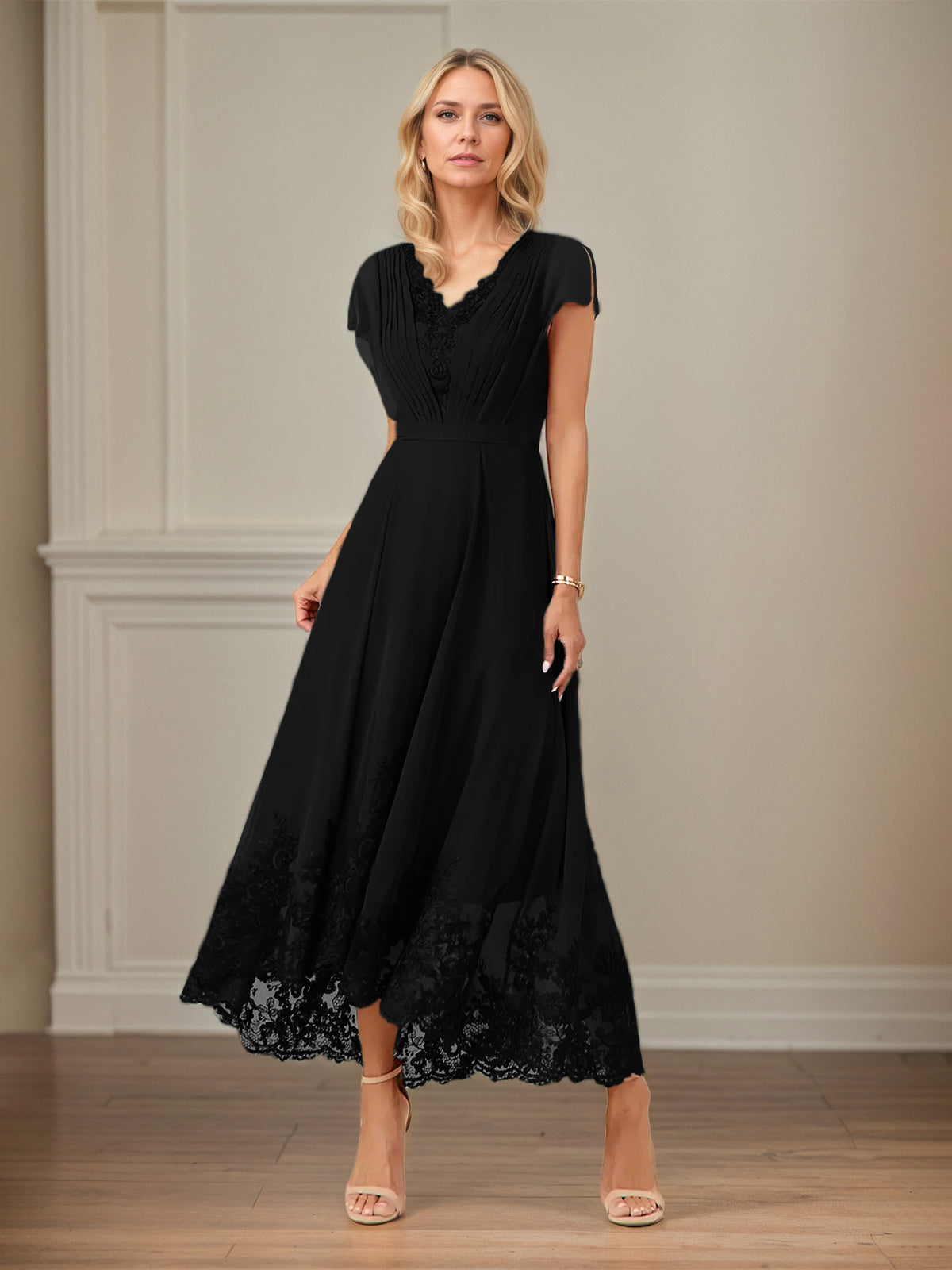 A-Linien Chiffon Kleid mit V-Ausschnitt, flatternden Ärmeln, knöchellang mit Applikationen