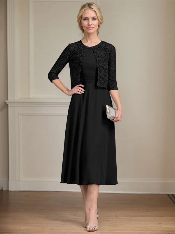 A-Linien Rundhals Tee-Länge Chiffon Kleid für die Mutter der Braut mit Falten