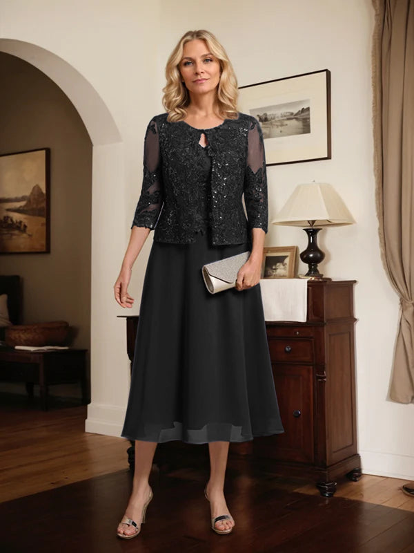 A-Linien Spitzen-Chiffon-Brautmutterkleid mit V-Ausschnitt, tea-length, mit Pailletten