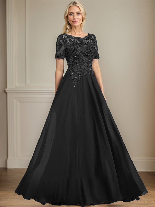 A-Linien Rundhals Illusions-Bodenlanges Chiffon-Spitzenkleid für die Mutter der Braut mit Pailletten und Perlen