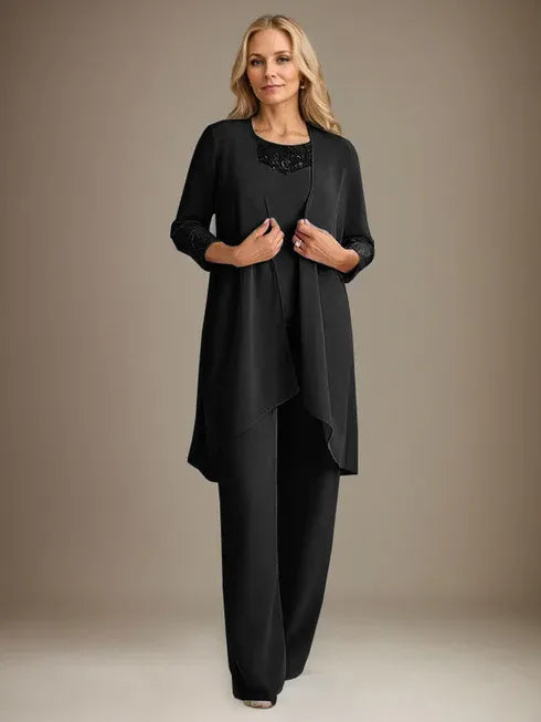 Chiffon Kleid mit Rundhalsausschnitt und langen Ärmeln, Mutter-der-Braut Hosenanzug mit Jacke
