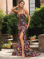 Schwarzes, florales Meerjungfrauen-Korsett-Langes Ballkleid mit V-Ausschnitt, Pailletten und Schlitz
