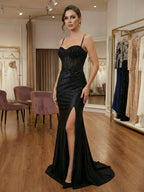 Schwarzes, mit Perlen besetztes Korsett-Satin-Langes Ballkleid mit hohem Schlitz