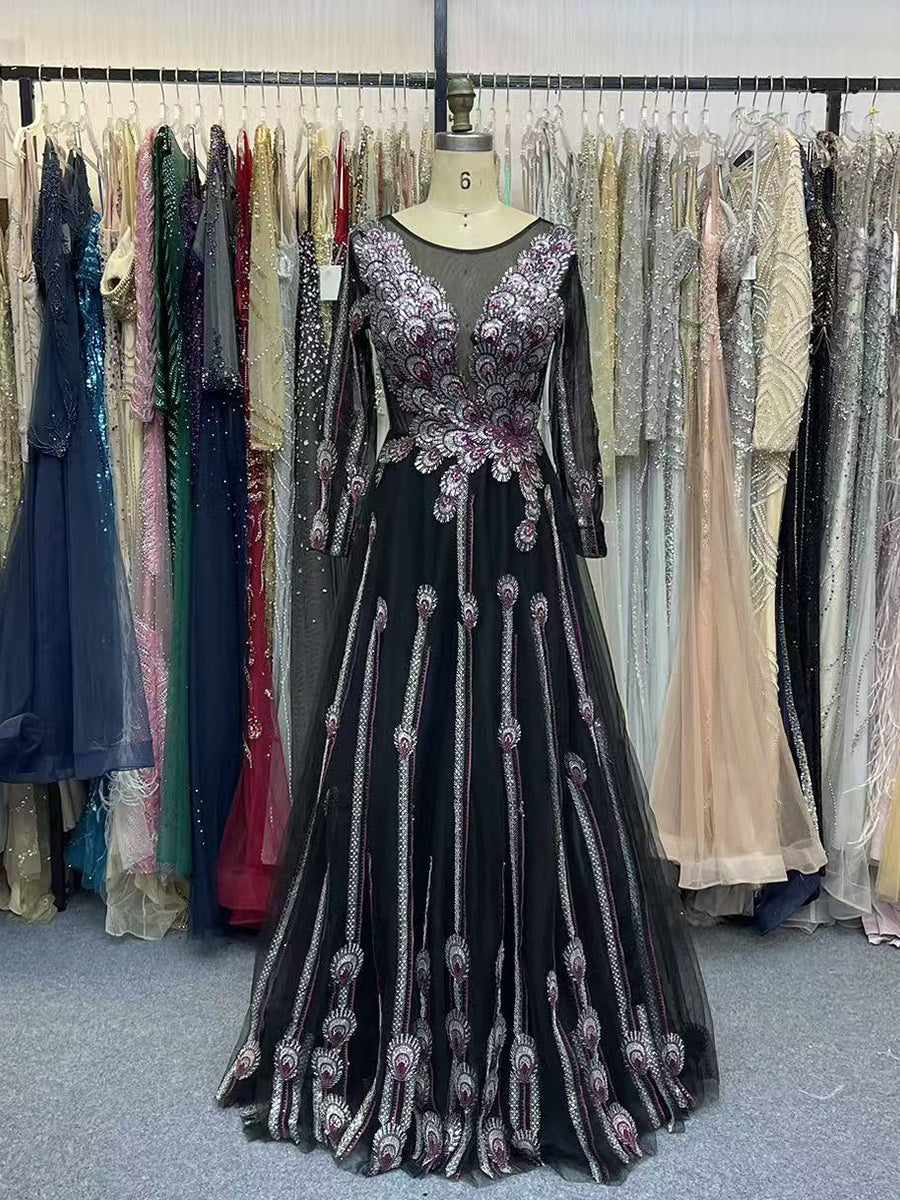 Black Illusion Neckline Gown with Art Deco Embroidery